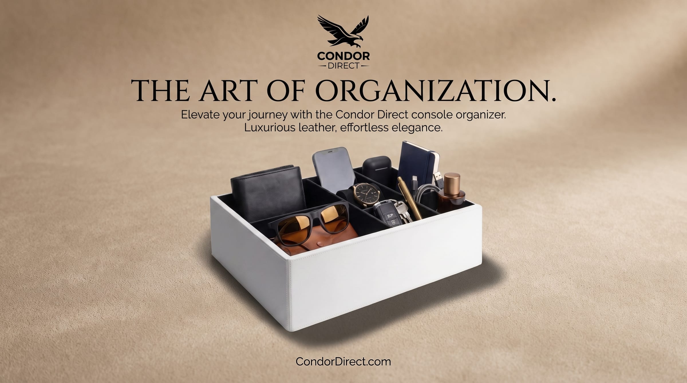 The Art of Organization — white Condor Direct car seat organizer filled with wallet, watch, sunglasses, phone, and keys, CondorDirect.com