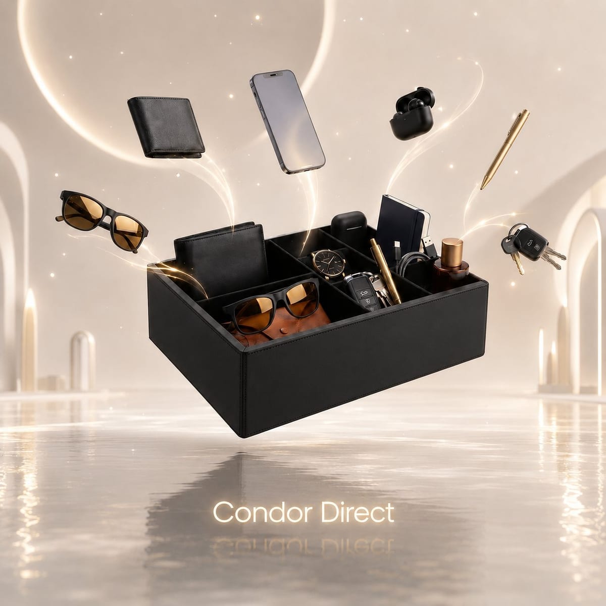 Black Condor Direct premium PU leather car seat organizer with wallet, sunglasses, phone, watch, and keys in its compartments