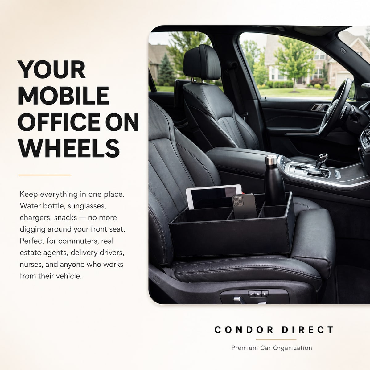 Condor Direct car seat organizer sitting on a vehicle seat, set up as a mobile office
