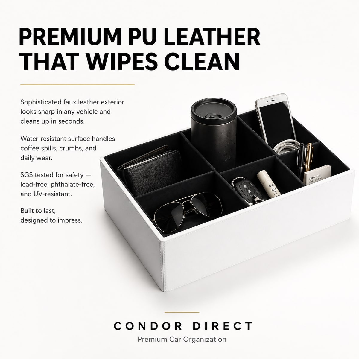White Condor Direct car seat organizer infographic highlighting premium PU leather that wipes clean