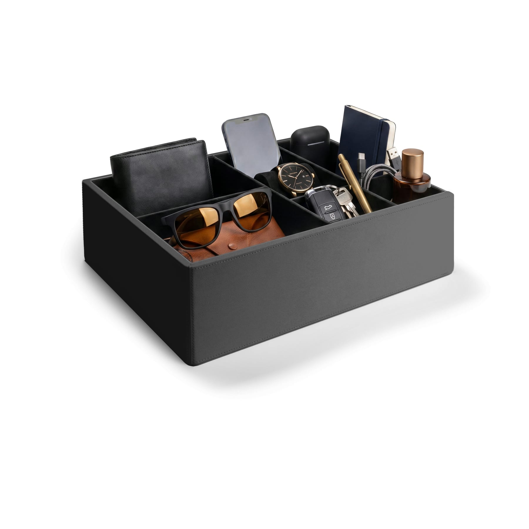 Black hard-shell Condor Direct car seat organizer with soft-lined compartments holding everyday essentials