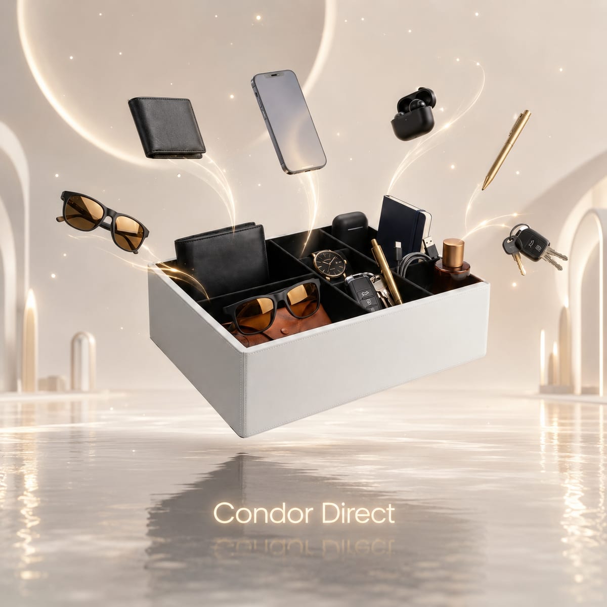 Everyday items floating into the compartments of the white Condor Direct car seat organizer